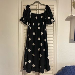 Shirred Bodice Square Neck Polka Dot Dress